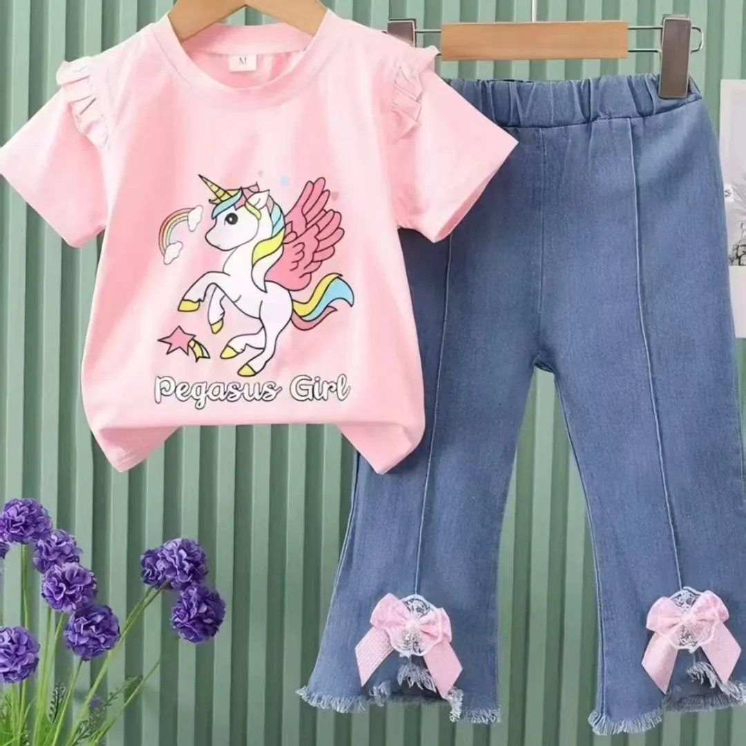 Girls’ Pegasus Unicorn Ruffle T-Shirt and Bow-Detail Flare Jeans Set