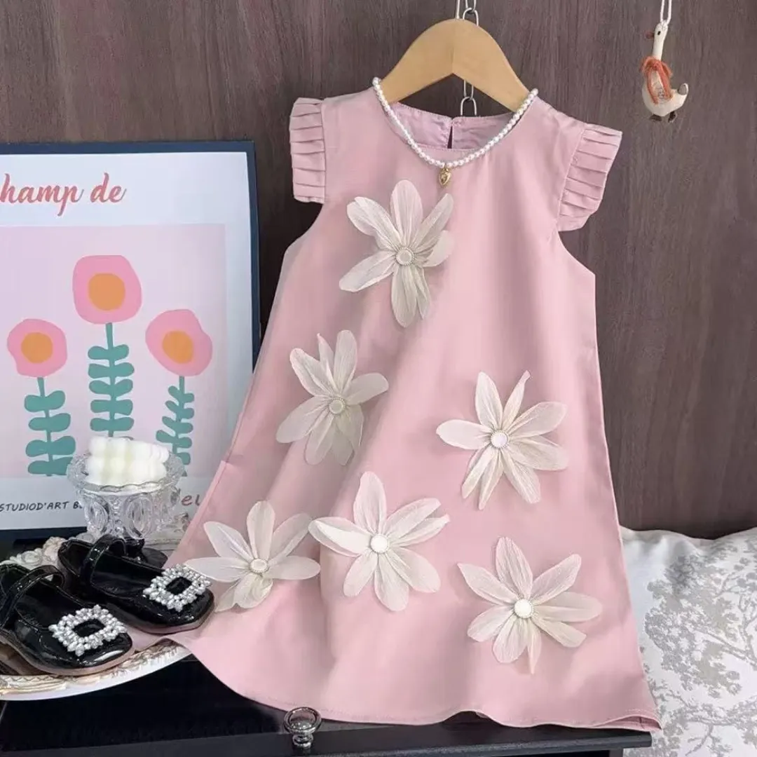 Girls' 3D Floral Appliqué Party Dress