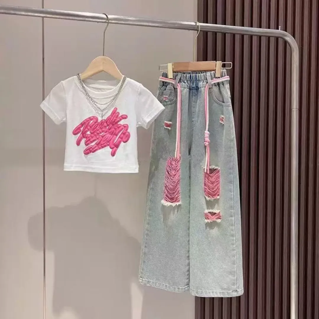 Girls Trendy Graphic T-Shirt &  Wide-Leg Denim Jeans 2-Piece Set
