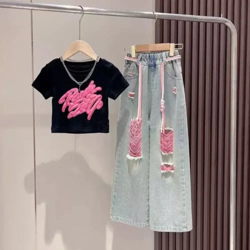 Girls Trendy Graphic T-Shirt &  Wide-Leg Denim Jeans 2-Piece Set