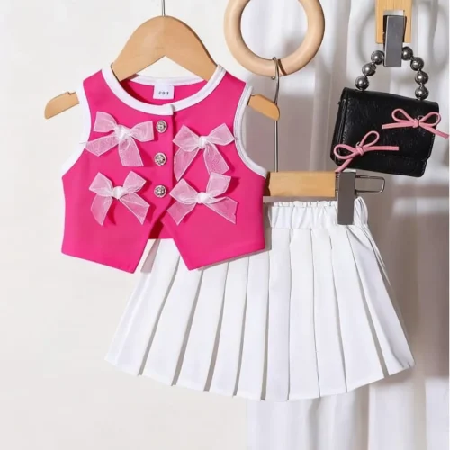 Girls 2-Piece Bow Top & Pleated Skirt Set