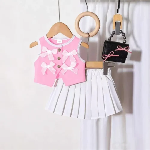 Girls 2-Piece Bow Top & Pleated Skirt Set