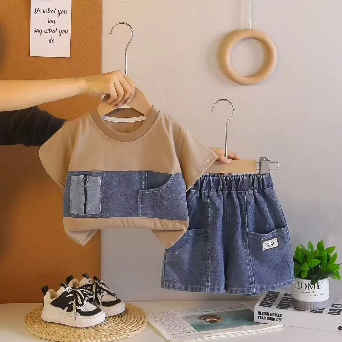 2-Piece Patchwork T-Shirt & Denim Short Set