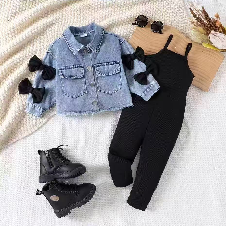 Girls' 2-Piece Red Ribbed Jumpsuit and Bow-Accent Denim Jacket Set