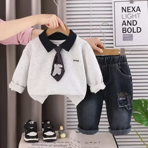Boys 2-Piece Collared Sweatshirt & Jeans Set with Tie