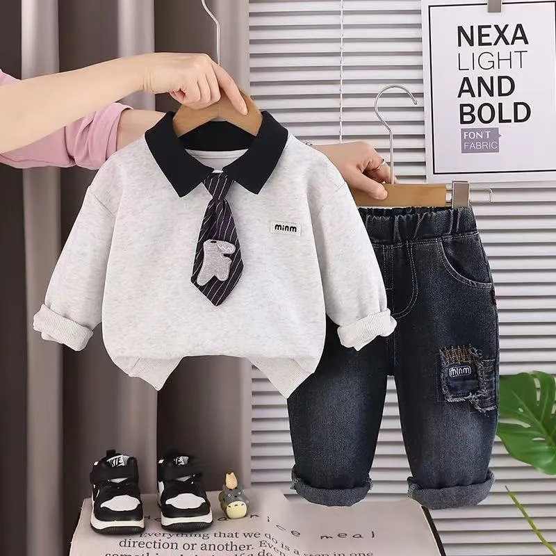 Boys 2-Piece Collared Sweatshirt & Jeans Set with Tie