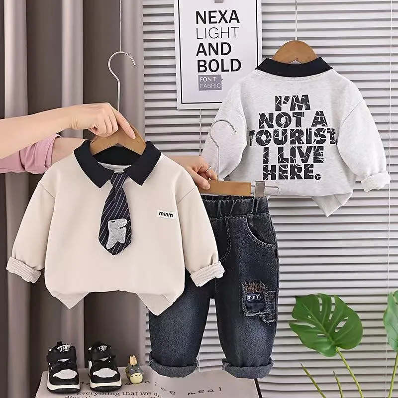 Boys 2-Piece Collared Sweatshirt & Jeans Set with Tie