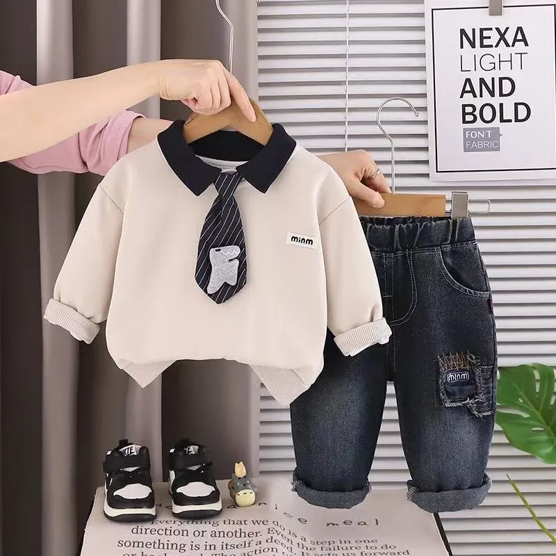 Boys 2-Piece Collared Sweatshirt & Jeans Set with Tie