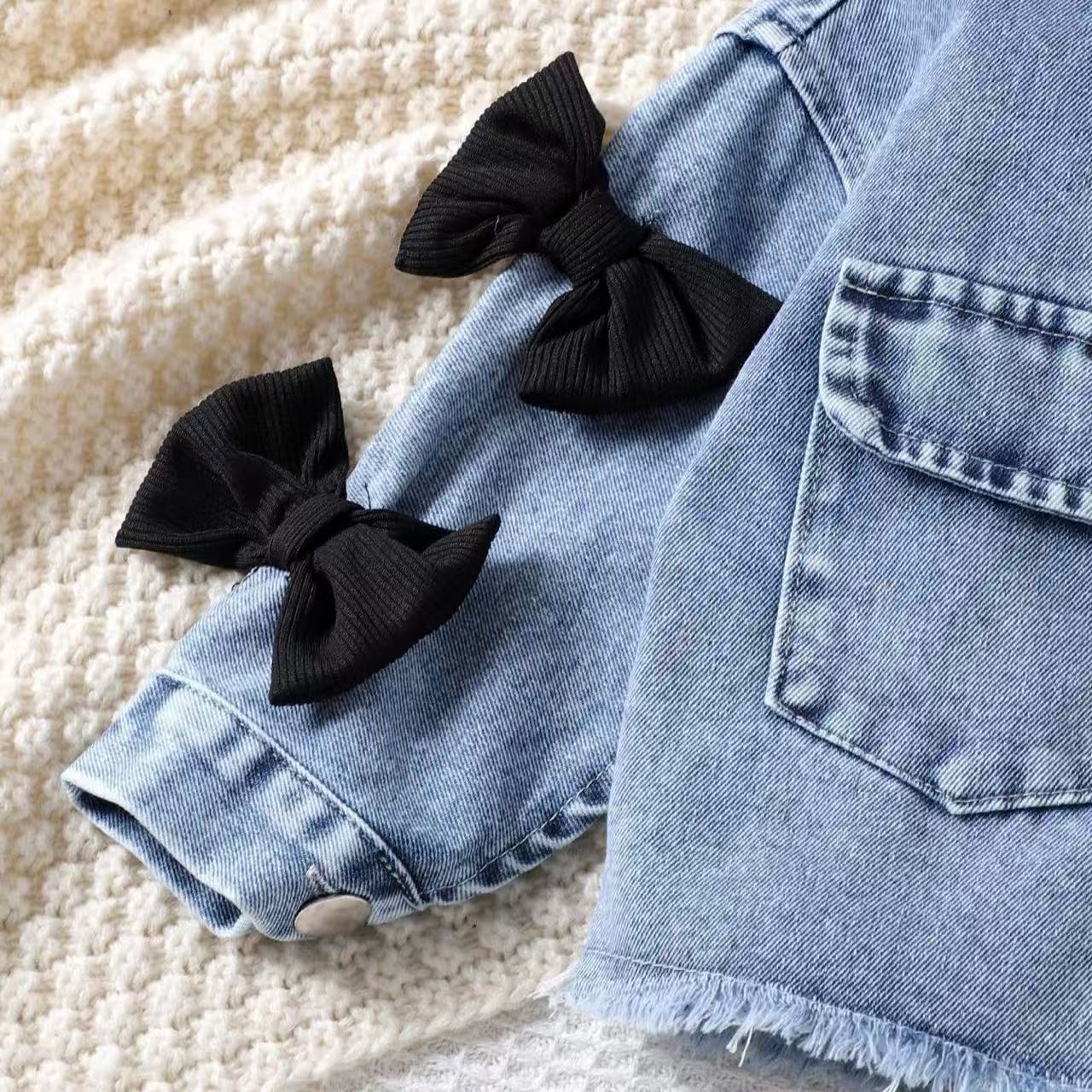 Girls' 2-Piece Red Ribbed Jumpsuit and Bow-Accent Denim Jacket Set